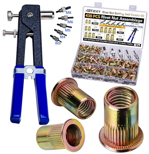 Pressure Rivet Nut Tool Kit, 430Pcs Metric Rivet Nut Combination (M8/M6/M5/M4/M3), Suitable for Furniture, Decoration, Automotive, Marine and Industrial Applications