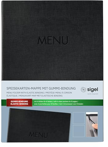 SIGEL Speisekartenmappe A4 mit Gummibindung Schwarz | SM202, Leinenstruktur, langlebig und einfach zu reinigen