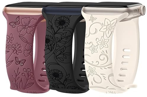 RYLIXAR 3 Pieza Pulseras Silicona Correas Compatibles con Correas Apple Watch, Correas Florales Grabadas Repuesto para iWatch Series Mujer (Luz Estelar/Negro/Lila Ahumado, 38/40/41/42mm(Series 10))