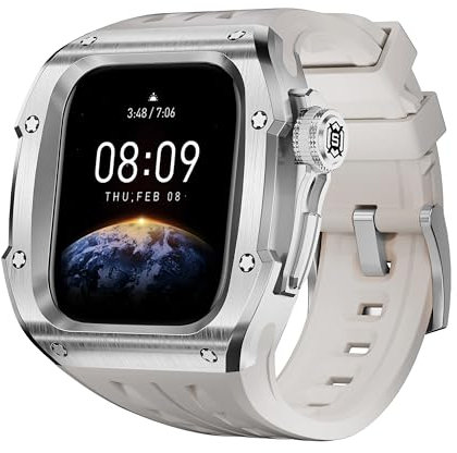 DJDLFA 316L Edelstahlgehäuse, Kautschukband, Mod-Kit-Set, für Apple Watch Serie 10 46 mm Uhrenarmbänder(Silver White)
