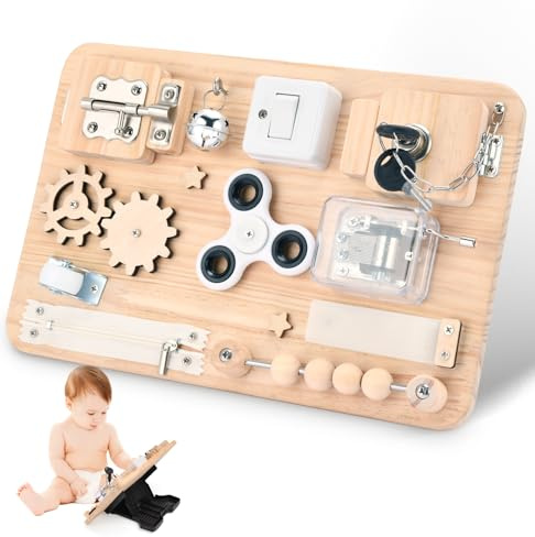 Montessori Busy Board Holzspielzeug - Sensorik & Motorikspielzeug für Kinder - Activity Board Reise Spielzeug für Jungen & Mädchen - Geschenk zur Einschulung - Geburtstag - Autismus & ADHS geeignet