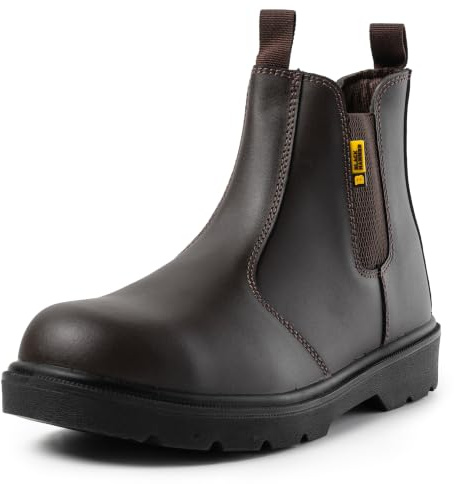 Black Hammer Men's Chelsea Safety Work Boots Smooth Leather Steel Toe Cap Utility Pull-On Footwear for Outdoor & Indoor Construction Dealer Shoes Workwear Ideal for Everyday Jobs 1600 S3 SRC | Water-resistant leather upper, steel midsole, pull-on design, breathable lining and oil-resistant outsole.