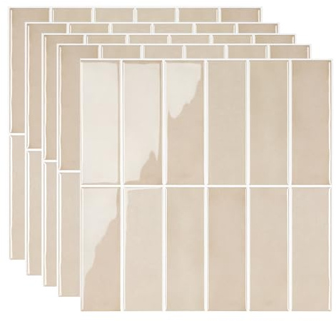 Selbstklebende Küchenfliesen, 3D Fliesenaufkleber Spritzschutz für Küche Badezimmer, 30,5 cm x 30,5 cm x 2,5 mm Selbstklebende umweltfreundliche PET Rechteckige Fliesenfolie Dekor 5 Blatt (Beige)