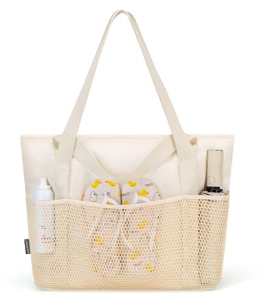 KABAQOO Strandtasche mit Reißverschluss Badetasche XXL Familie Damen Shopper Tasche Groß Tote Bag Faltbare mit Fächern für Strand Reisen Einkaufen, Beige