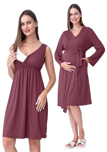 SUNNYBUY Camicia da notte premaman con vestaglia, set da allattamento, 2 pezzi | Set 3 in 1 per parto, post-parto e allattamento, vestaglia con tasche e camicia da notte per allattamento