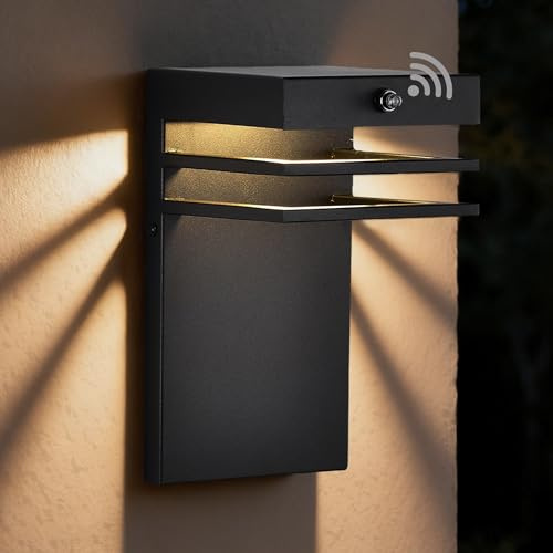 Alighting LED Außenwandleuchte mit Dämmerungssensor | 10W IP44 Wandleuchte Wandlampe Aussen Schwarz für Haustür, Terrasse, Garage, 3000K Warmweiß