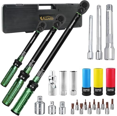 Uharbour 26 Pieces Torque Wrench Set, 1/4 3-25 Nm & 3/8 5-60 Nm & 1/2 60-330 Nm Torque Wrench with Spark Plug Sockets, a Universal Joint, Extension Rods & Bits for Bike, Motorcycle & Car