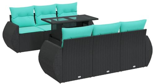vidaXL 7 Piece Garden Sofa Set with Cushions Black Poly Rattan Acacia, outdoor sofa set, garden lounge set, poly rattan sofa set, patio sofa set