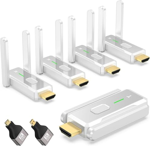Trasmettitore HDMI Wireless e 4 Ricevitori, Portata 150m HDMI Wireless, 1080P@60Hz Doppia Banda 2.4G/5G per Streaming, Conferenze da PC a TV/Monitor/Proiettori, Plug and Play