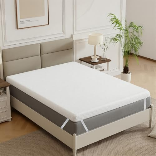 Panana Double Memory Foam Mattress Topper, 5cm Thick 4FT6 Cooling Bed Topper With Washable Cover, Pressure Relieving (White, 135 x 190 x 5cm)