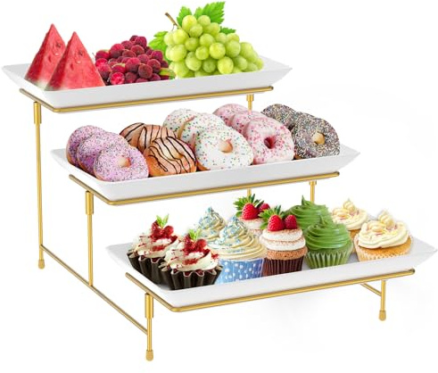 3 Tier Serving Tray Set for Party,29.5x14.9cm Plastic Platters for Serving Food,White Reusable Trays with Metal Display Stand for Buffets, Cake, Snack, Veggie, Fruit, Cookies, Dessert, Dishes