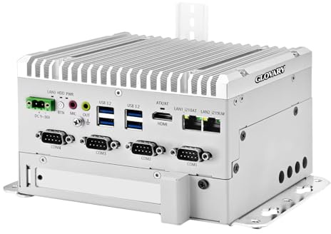 Glovary Fanless Mini PC i5 8265U (4C8T, up to 3.9GHz), 2 x LAN (i210+i219-LM) Lüfterloser Industrial Computer Din Rail, 16GB RAM 512GB NVMe SSD, 4 x RS232 COM, 4USB3.2, PCIe, 9-36V Auto Power On
