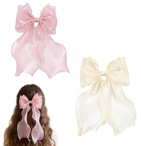 Satiskid 2 Pack Big Bow Hair Clips, Pink Hair Bows & Cream-Coloured Bow Clip Set,Large Bowknot Hairpin for Women and Girls, Elegant Hair Accessories with Subtle Shine