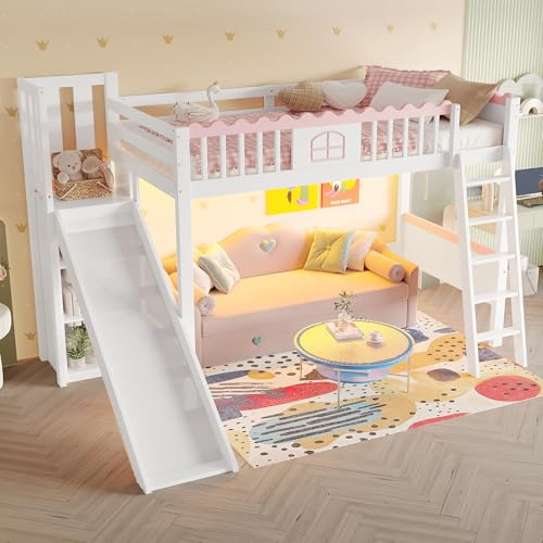 Azkoeesy Kinderbett Hochbett mit Leiter und Rutsche, 90x200 cm, Etagenbett, Jugendbett mit LED-Beleuchtung, mit Fallschutz, Kiefernholz, weiß und rosa
