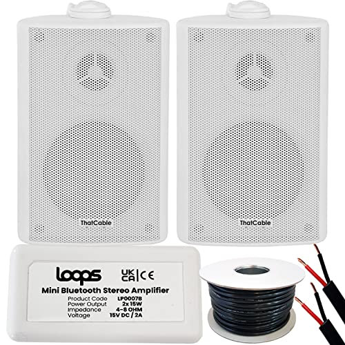 Loops Garden Party Music Speaker System – Bluetooth/Wireless Mini Stereo Amplifier, 2 White Speakers & 25m OFC Outdoor Rated 1.5mm Speaker Cable