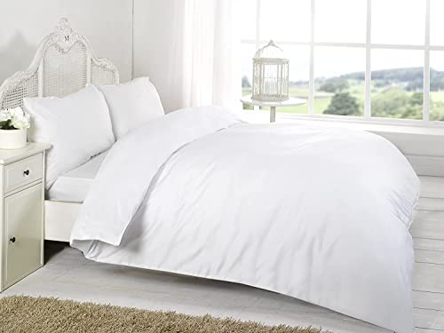 R&Z Plain Dyed Percale Polycotton Duvet Cover & 2 Pillow Cases Bed Set (White, Double)