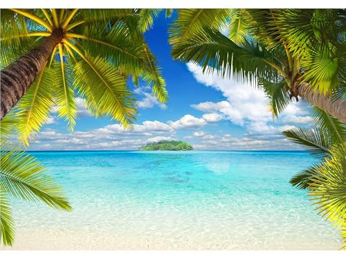decomonkey Fototapete selbstklebend Strand 392x280 cm XL Selbstklebende Tapeten Wand Fototapeten Tapete Wandtapete klebend Klebefolie Insel Meer Palmenatur Landschaft