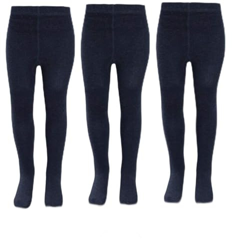 Girls 3 Pairs Back To School Plain Cotton Rich Tights Black Grey Navy