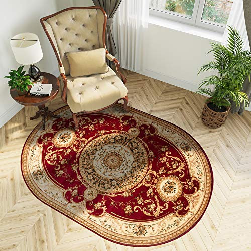 TAPISO Yesemek Teppich Oval Klassisch Gemustert Kurzflor Oriental Floral Ornament Rot Creme Bordüre Schlafzimmer Wohnzimmer ÖKOTEX 70 x 140 cm