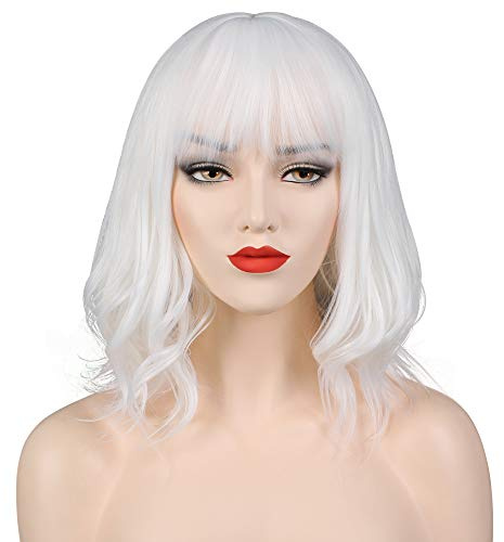 OKVGO Kurze, lockige Bob-Perücke mit Perückenkappe für Damen, für Cosplay, Party und Alltag, Weiß