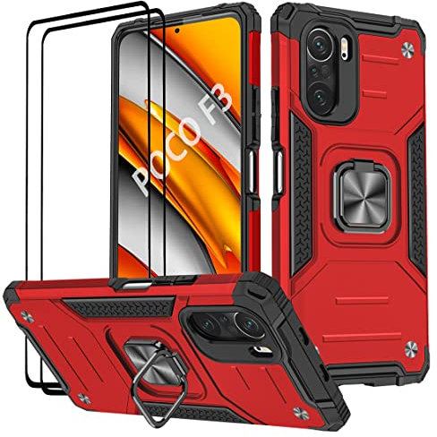 KANSi Hülle kompatibel für Xiaomi Poco F3 ｜ Xiaomi Mi 11i, Schutzfolie [2 Stück] Silikon TPU Hart PC Handy Hüllen 360 Grad Drehbar Ringhalter Bumper Stoßdämpfung Schutzhülle - Rote