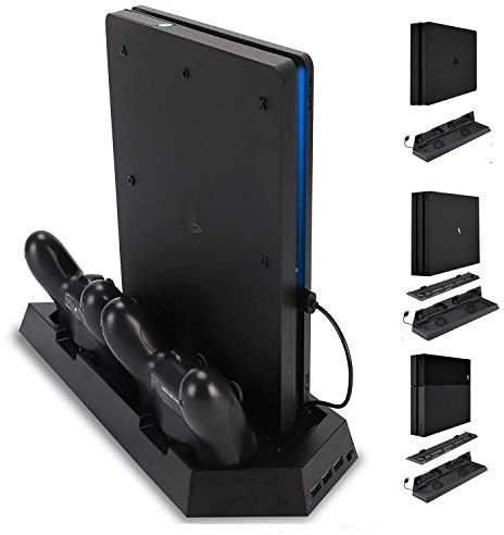 Soporte de estación de carga con ventilador de refrigeración para Playstation 4/PS4 Slim/PS4 Pro, soporte vertical 3 en 1 PS4 con puerto de carga dual PS4 Dualshock y luz indicadora de estado de carga