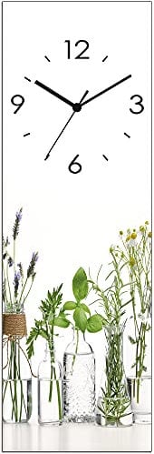 ARTLAND Wanddeko Wanduhr ohne Tickgeräusche Glas Funkuhr 20x60 cm Rechteckig Lautlos Kräuter Bilder Modern Landhaus H9KE