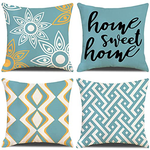ZHAOMIMI 4er Set Dekorativ Kissenhülle Baumwolle Leinen Kissenbezug Dekokissen Sofakissen für Couch, Auto, Schlafzimmer 45x45 cm (Blau Geometrie)