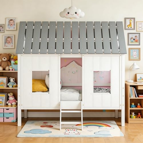 Twin Size Low Loft Bed with Two Front Windows and Roof, White