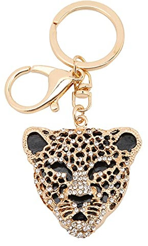 Pssopp Schlüsselanhänger Mode Kristall Leopard Kopf Schlüsselanhänger Leopard Kopf Auto Tasche Anhänger für Mädchen Geburtstagsgeschenk(Gold)