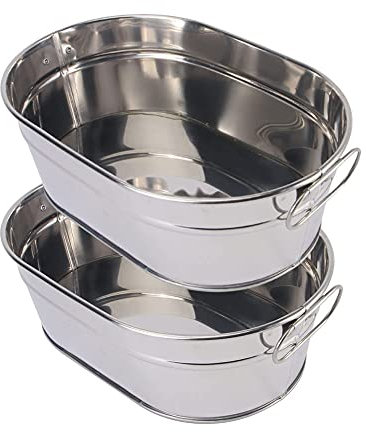 Galvanized Tub Bucket 2pcs Metal Water Trough Stock Tank Soda Bee Wine Ice Holder Portable Party Drink Chiller Rustic Vintage Farmhouse Oval Storage Bucket Bin