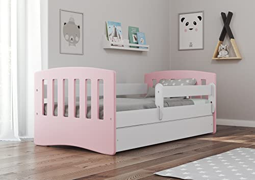 Bjird Kinderbett Jugendbett 80x160 80x180 mit Rausfallschutz Matratze Schublade und Lattenrost Kinderbetten für Mädchen und Junge - Classic I (80 x 180 cm mit Matratze, Puderrosa)