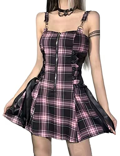 Botenwall Gothic-Kleid mit hoher Taille, sexy, rückenfrei, Mini-Kleid, Karomuster, Gothic, Grunge, Punk, ästhetische Kleider, Y2K, Partykleid, Gothic-Kleid in Rosa, Klein