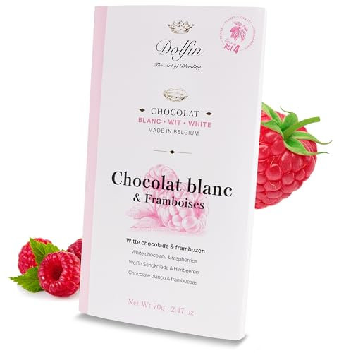 Dolfin Chocolat Blanc & Framboises – Chocolat Onctueux & Crémeux, Framboises Acidulées - Friandises au Chocolat - Cadeaux pour Anniversaire, Fêtes, Saint-Valentin - Fait en Belgique, 70g