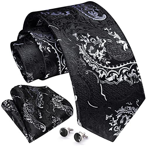 Enlision Herren Krawatten Seide Krawatte für Herren Krawatten Einstecktuch Manschettenknöpfe Set Schwarz-F