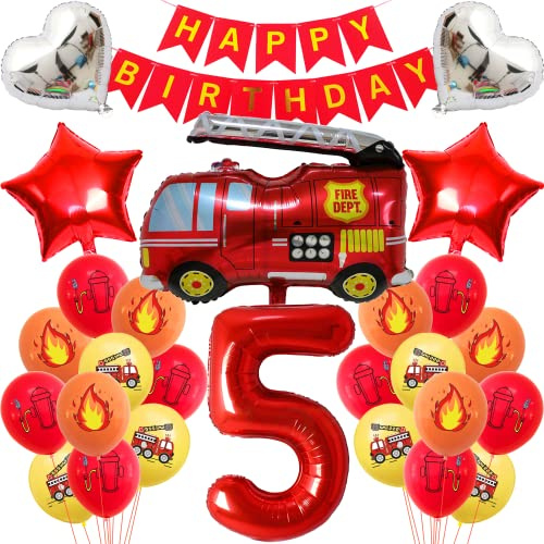 Feuerwehr Geburtstag Deko 5 Jahre - Kindergeburtstag Feuerwehrauto Ballons Set für Jungen - 5. Geburtstagsdeko