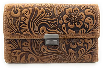 Lemasi Feminine echt Leder Damen Kellnerbörse Geldbörse lang, geprägtes Vollrindleder Florale Motive, Ranken und Blüten
