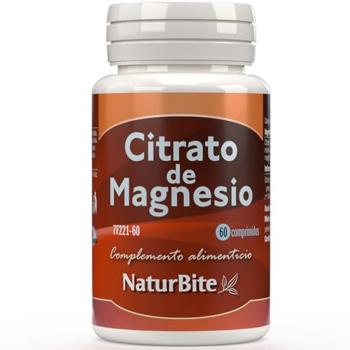 Citrato de Magnesio - 60 comprimidos- NaturBite - 400mg por comprimido - Suplemento de Magnesio Altamente Absorbible- Apto para Veganos - Sin Aditivos.