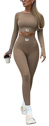 Onsoyours Damen Sportanzug Trainingsanzug Jogginganzug 2 Teilig Bauchfrei Crop Top +Push up Leggings Sportbekleidung Set Yoga Outfit Freizeitanzug A Braun M