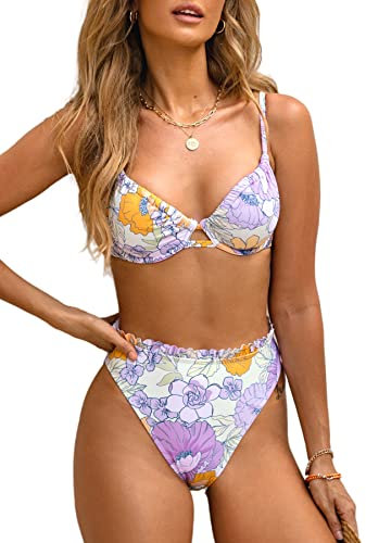 CUPSHE Women Bikini Set High Waisted Swimming Costume Drawstring Floral Bathing Suit with Underwire Swimsuit Two Piece Lavender L