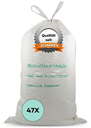 AWOTEX Mineralwolle Säcke mit Hebeschlaufe 45 Stück I Säcke für Mineralwolle 140 x 220 cm I Mineralwolle Entsorgungssack mit Aufdruck 0,7 cbm I Mineralwolle Sack für Mineralfaser-Abfälle