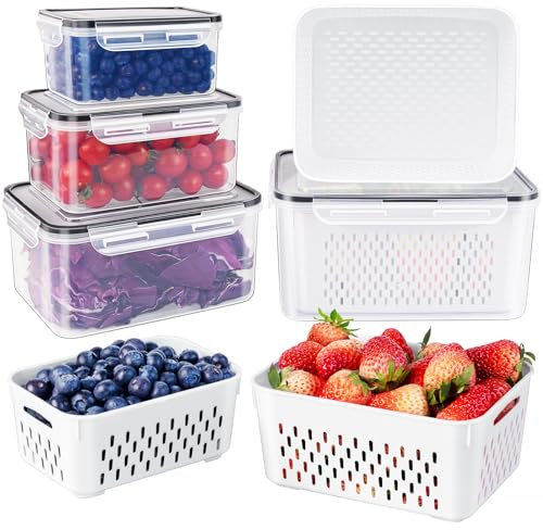 4 PCS Fruit Storage Containers for Fridge with Removable Colander, Airtight Food Storage Container, Dishwasher Safe Produce Saver Container for Refrigerator, Keep Berry Fruit Vegetable Fresh Longer