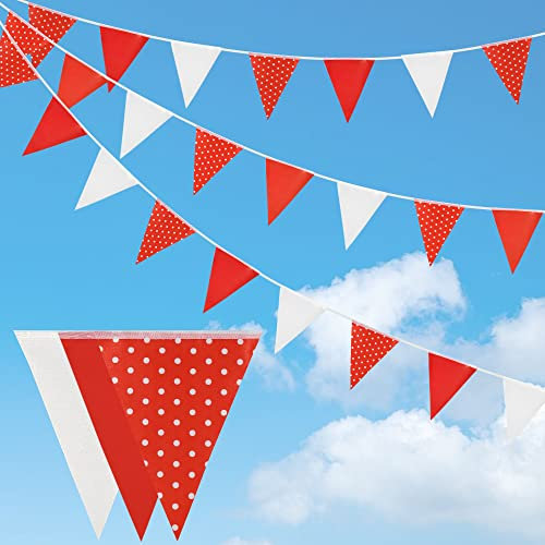 Wiederverwendbare Wimpelkette aus Stoff, rot-weiß gepunktete 3-Design-Wimpelkette, für Muttertag, Garten, Geburtstag, Hochzeit, Party-Dekoration, 66 Fuß und 52 Stück Flaggen