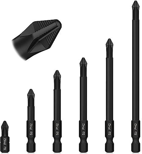 Impact Driver Bits Hakkin 6Pcs PH2 Magnetic Screwdriver Bits S2 Steel Long Impact Screwdriver Driver Bits Anti-Slip PH2 Driver Bits