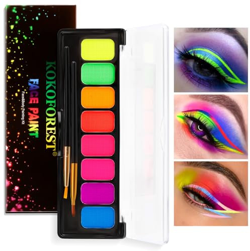 Teekerwang 8 Farben Neon Face Paint Liner Make-up, Water Activated Eyeliner Palette UV Glow Longlasting Fluorescent Gesicht und Körper Farbe mit Pinsel für Halloween Weihnachten