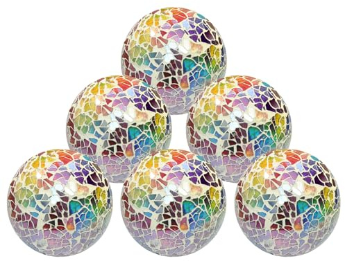 Hiziwimi 6pc Decorative Ball Set - 6cm Mosaic Glass Orbs Centerpiece Balls for Decorating Bowls, Vases, Tables & Wedding Parties (Colorful)