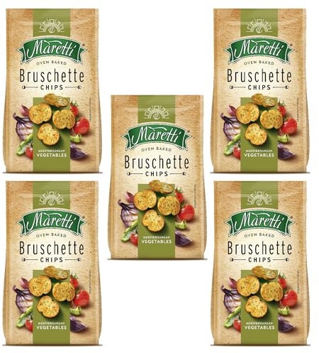 Maretti Bruschette Chips 70g | Italian Bagel Crisp Chips | 2 in 1 Snack | Freshly Oven-Baked Crispy Vegetarian Bites | GMO Free | Party Snacks Thin Bagels (Mixed Vegetables, 5 Pack)