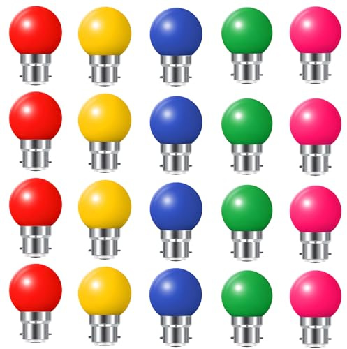HUAMu 20 Pack B22 Bayonet Cap LED Coloured Light Bulbs, 2W G45 Mini Globe Golfball Bulbs for Outdoor Patio Garden Party Christmas, Mixed Colored Red Yellow Blue Green Pink