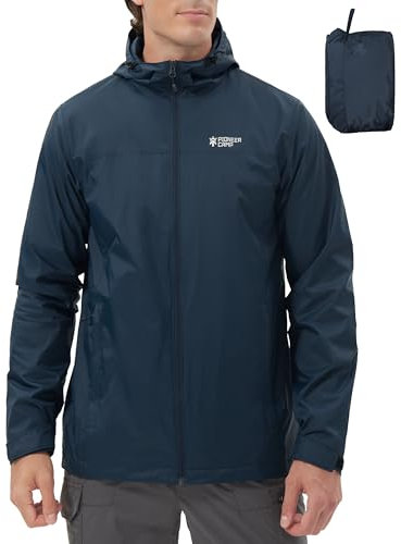 Pioneer Camp Veste de pluie pour homme, imperméable, respirante, légère, coupe-vent, pliable, avec poches zippées et capuche, bleu foncé, XL