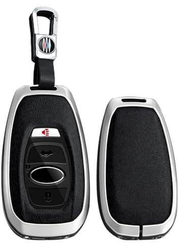TECART Smart Autoschlüssel Hülle Cover Passt für Subaru Legacy Impreza WRX XV BRZ Forester Levorg Trezia Leder Tragbar Schutzhülle Schlüsselcover Zubehör Schlüssel Schutz 3 Taste A Silber Schwarz